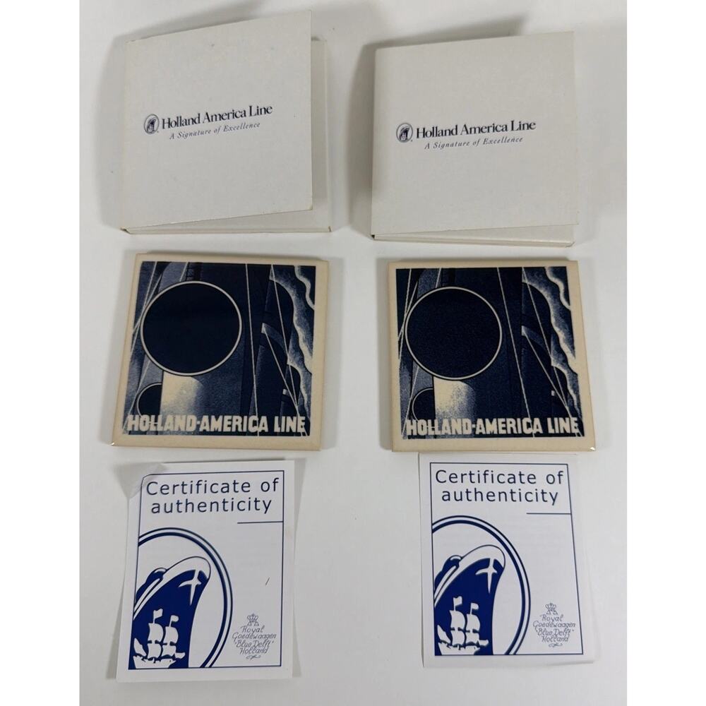 2x Holland America Line Blue Delft Tile Drink Coasters with COA